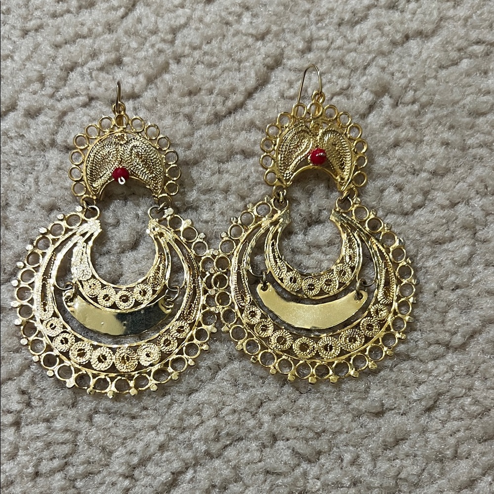Elegant Gold Plated Filigree Earrings with Red Accent